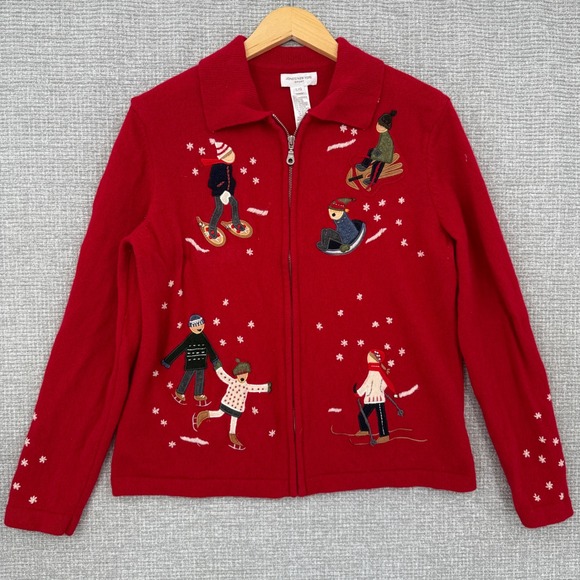 Jones New York Sweaters - Jones New York Sport Lambswool Winter Holiday Embroidered Cardigan Sweater L